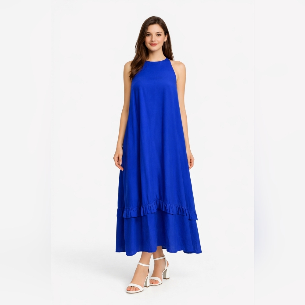 Alfani Blue Linen Rayon Maxi Dress Sleeveless Tiered Summer Flowy Summer S